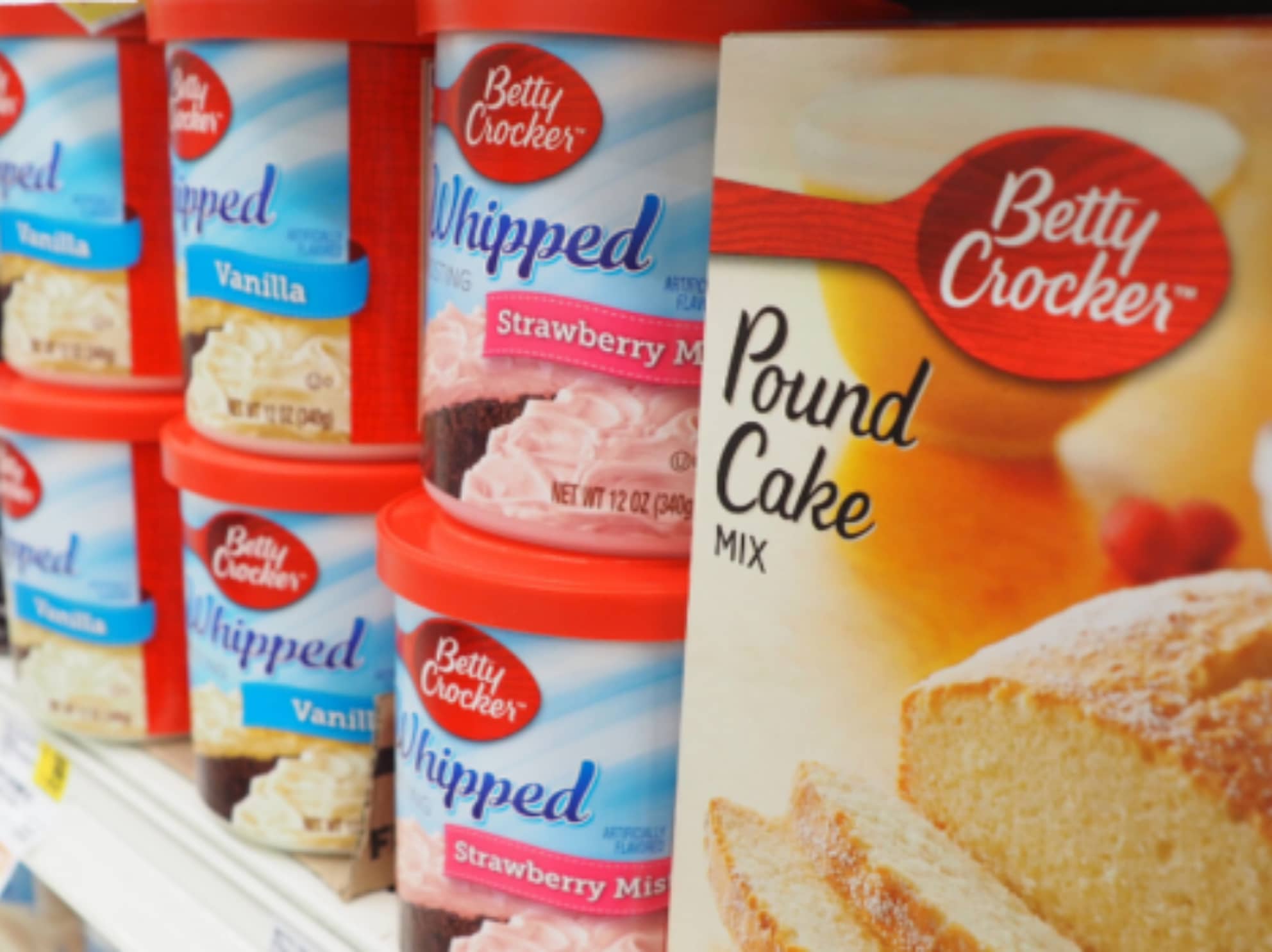 Betty Crocker frosting and cake mix on store shelf